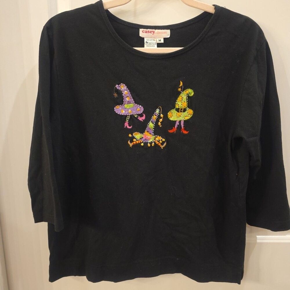 CASEY‎ COLEMAN Women's M Halloween Witch Hats 3/4 Sleeve Top Beaded Embroidered